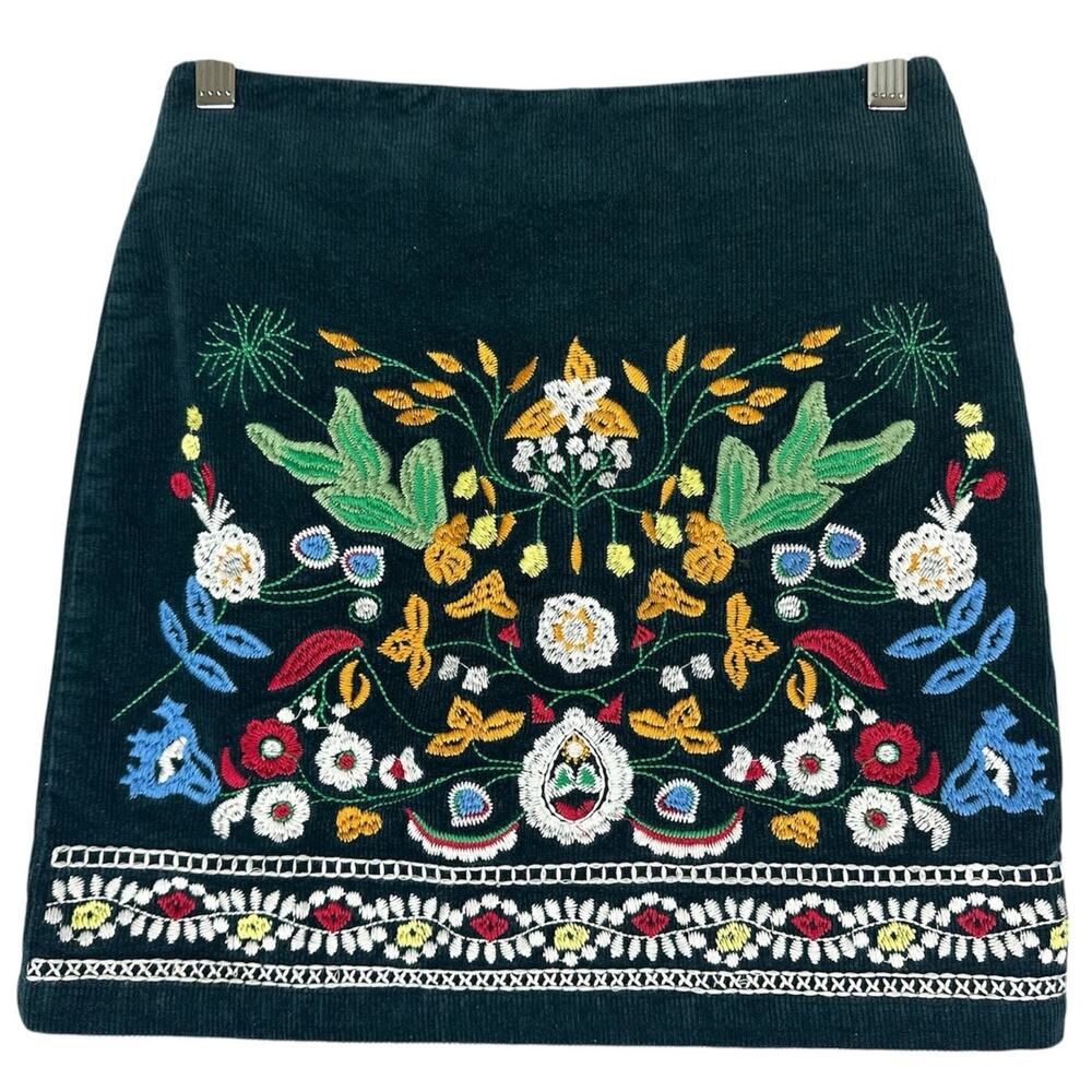 Simplee Sz‎ M Dark Green Corduroy Floral Embroidered Mini Skirt Bohemian Artsy